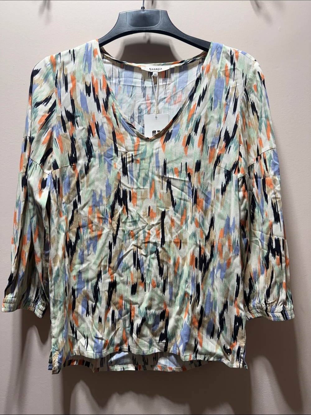 Multicolor Abstract V-Neck Blouse in Sea Green, Orange, Navy